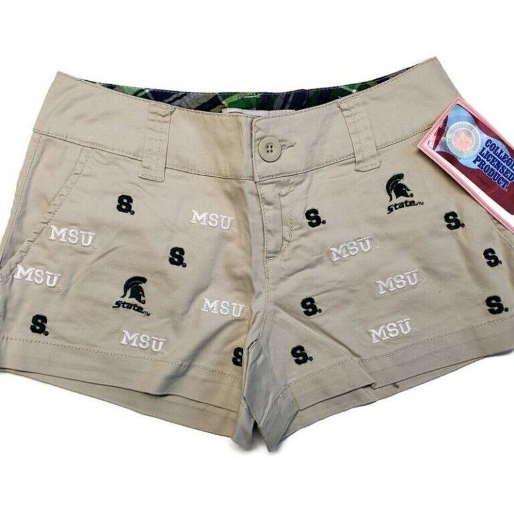 NCAA Michigan State Spartans Khaki Embroidered Game Day Shorts Women's Size 7 - Picture 1 of 6